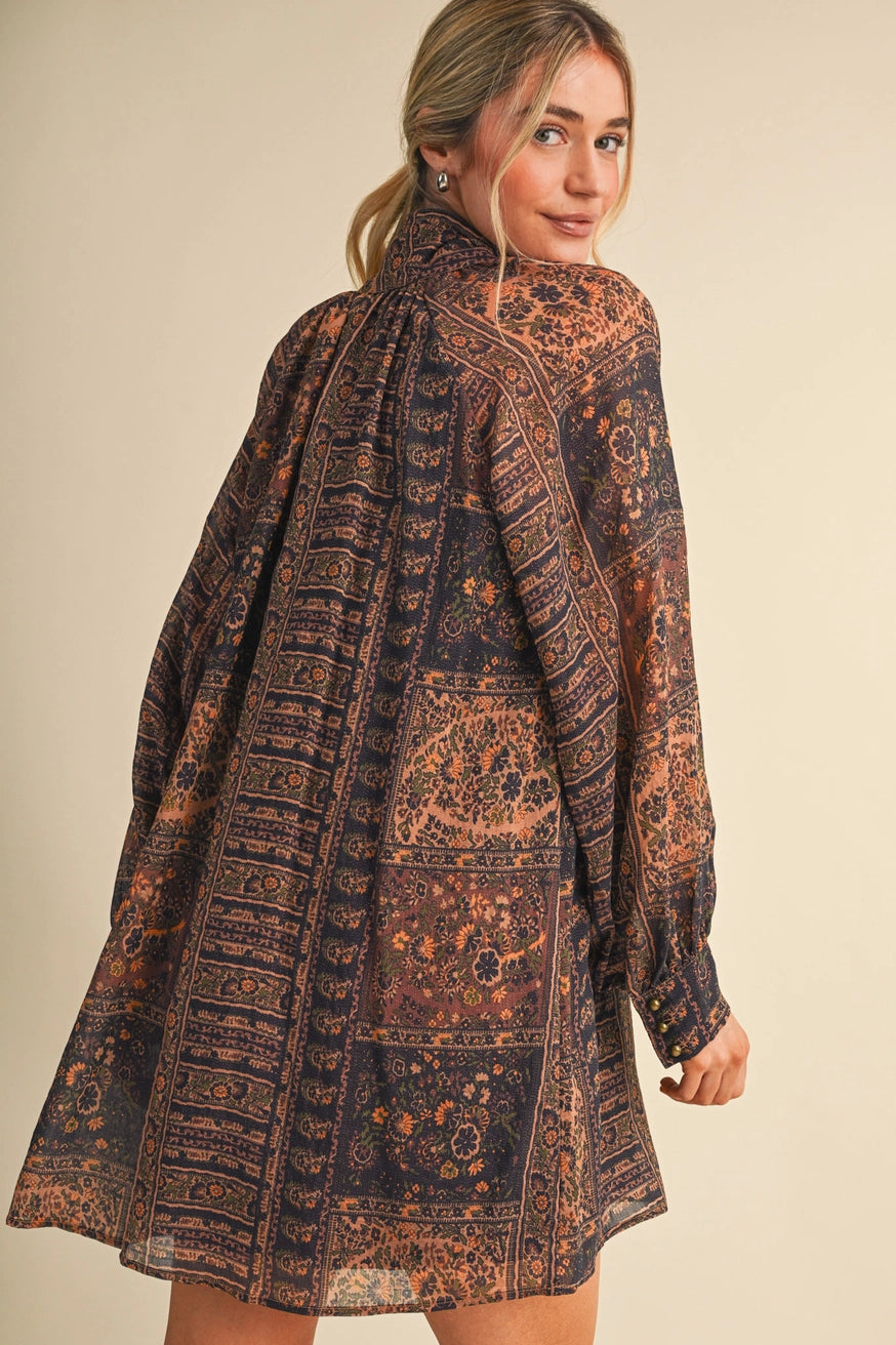 Paisley Tie-Neck Mini Dress