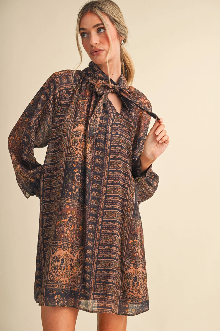 Paisley Tie-Neck Mini Dress