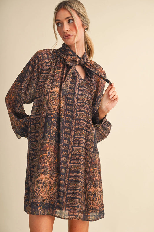 Paisley Tie-Neck Mini Dress