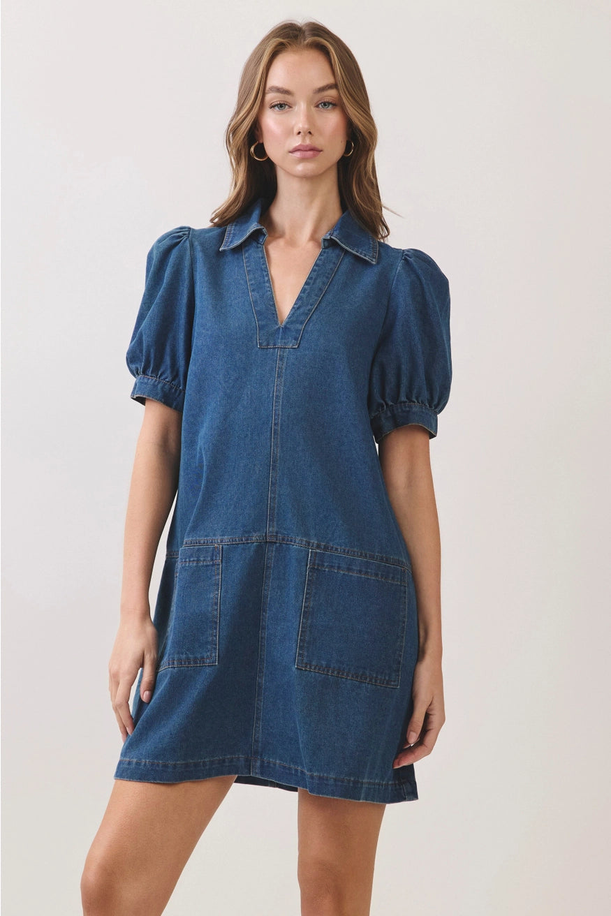 Puff Sleeve Denim Shift Dress