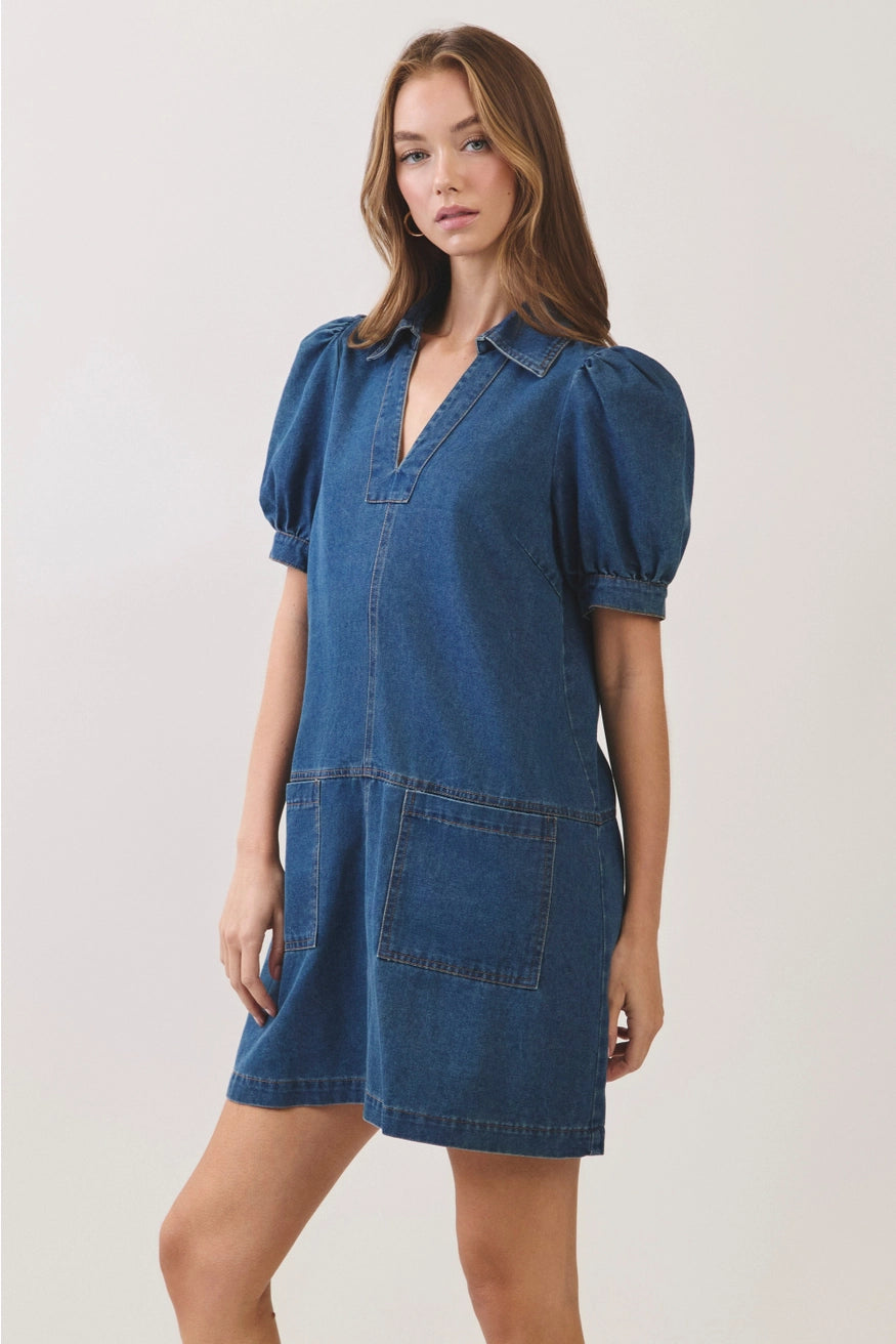 Puff Sleeve Denim Shift Dress