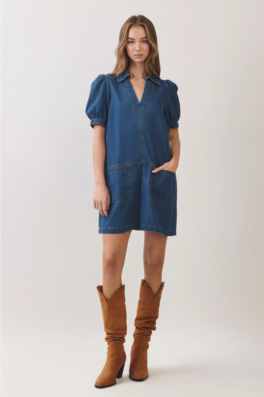 Puff Sleeve Denim Shift Dress