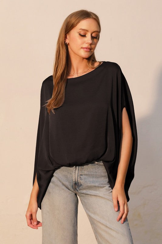 Black Draped Satin Top