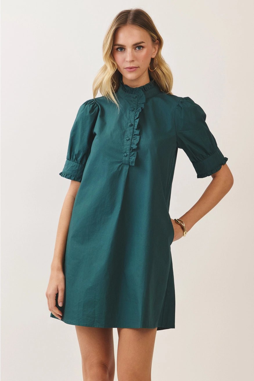 Ruffle Neck Puff Sleeve Dress